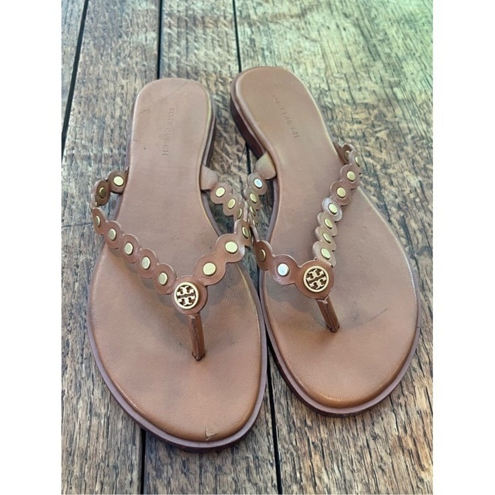 Tory Burch Brown Leather Scalloped Thong Sandals flip flops Gold Logo US 6.5